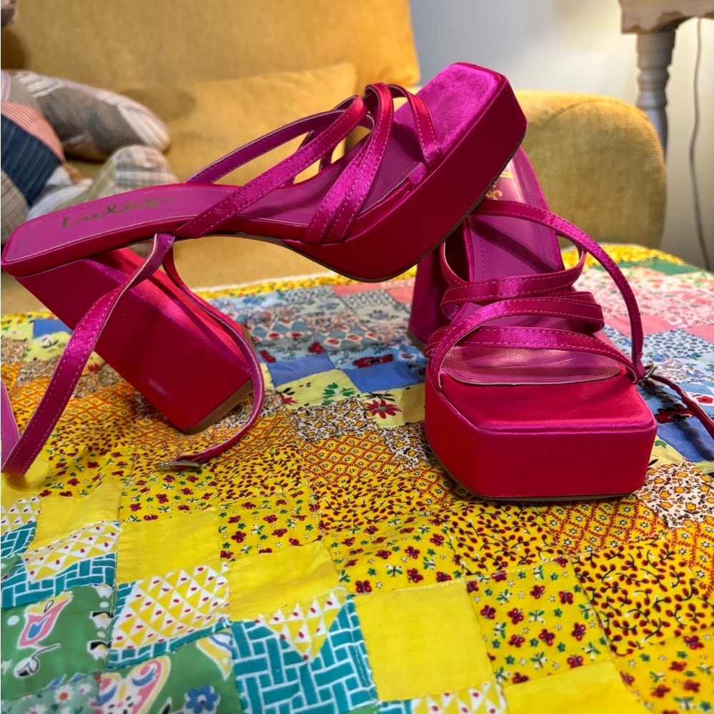 Lulu's Hot Pink Satin Platform Block Heel Sandals